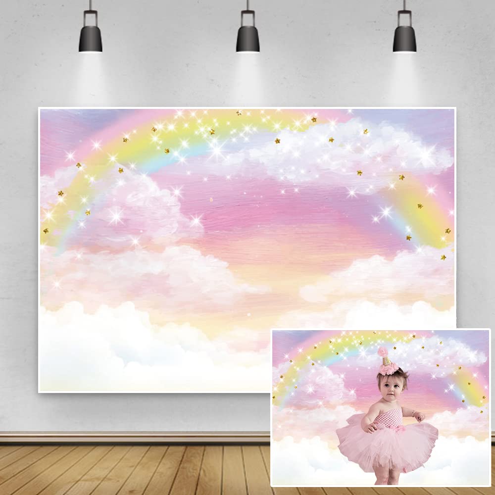 Renaiss 8x6ft Rainbow Sky Backdrop Cloud Glitter Stars Pink Sky Sweet Photography Background for Kids Girls Birthday Party Decorations Cake Dessert Table Banner Baby Shower Vinyl Photo Studio Props