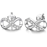 CZ Infinity 925 Sterling Silver Tiny Stud Earrings for Women Cubic Zirconia Crystal Cartilage Tragus Hypoallergenic Piercing Sleeper Mini Studs Endless Love Earring Cute Jewelry Birthday Vacation Gifts