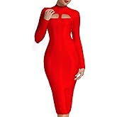 UONBOX Women's Sexy Cut Out Long Sleeves Midi Bodycon Party Bandage Dress