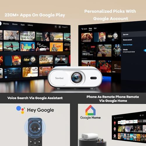 Projector-4K Movie Projecteur Bluetooth: [Built-in Google TV & 2500 Brightness & Auto Lens Cap] AI Voice Control & Auto Focus, WiFi 6, 40W Audio, Sovboi Home Theater Ceiling Projector