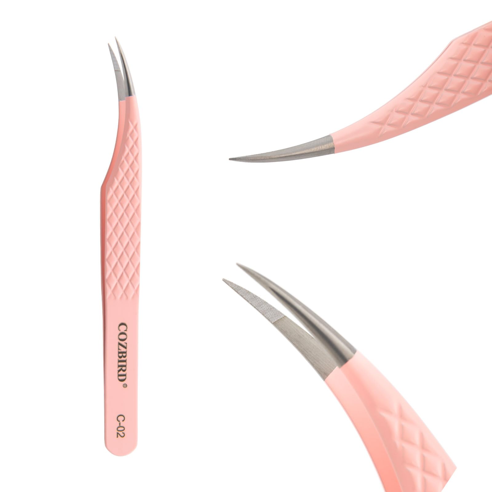 COZBIRD Fiber Tips Eyelash Extensions Tweezers Diamond Grip Isolation Dolphin Shape Professional Isolator Stainless Steel Pink (CO-02)