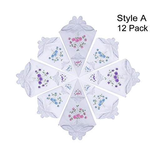 12 PCS Embroidery Butterfly Lace Hankies Cotton Floral Handkerchiefs Bulk for Women by Star Heaven (Style A) - Thumbnail 7