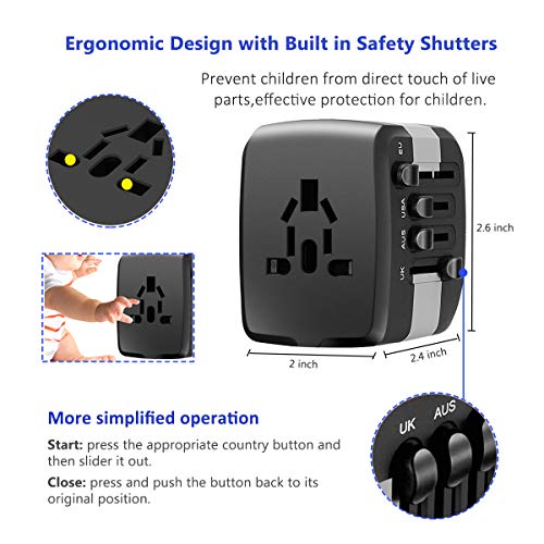 Universal Travel Adapter, 2400W International Power Adapter, European Adapter Worldwide All in One Plug Adaptor with 1 USB C + 3 USB for High Power Appliances for EU,UK,US,AUS,Over 200 Countries,Grey