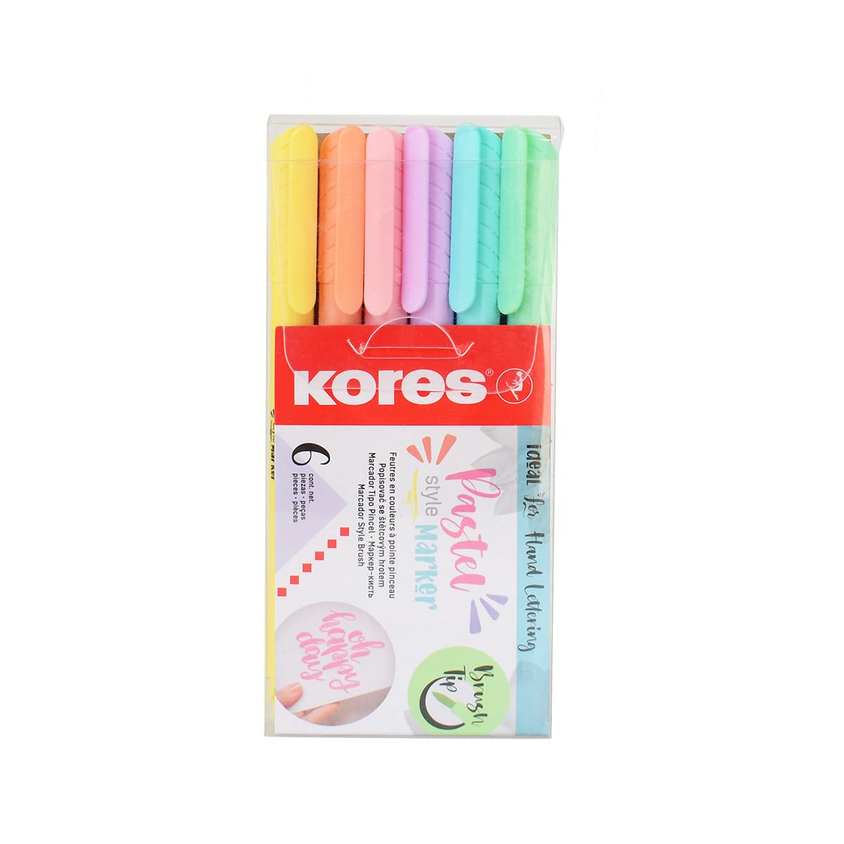 KORES - Pastel Style Brush Tip Marker - Brush Tip Marker Pens - Soft Brush Tip, Water Based Ink - Colouring Pens, Brush Pens for Colouring, Art Supplies, Stationery Set, Lettering Kit - Set of 6