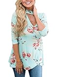 FARYSAYS Womens 3 4 Sleeve Floral Print Choker V Neck Cutout Blouses Top, Light Blue, (US 16-18)XL
