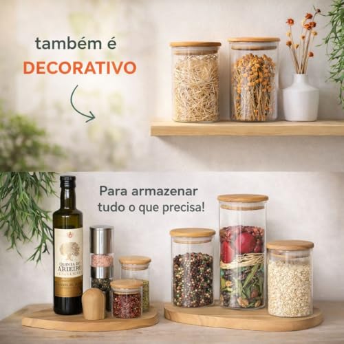 Conjunto de 11 Potes de Vidro Herméticos com Tampa de Bambu – Organizadores de Mantimentos para Cozinha – Recipientes para Grãos, Cereais, Café e Temperos – Potes de Vidro com Vedação de Silicone