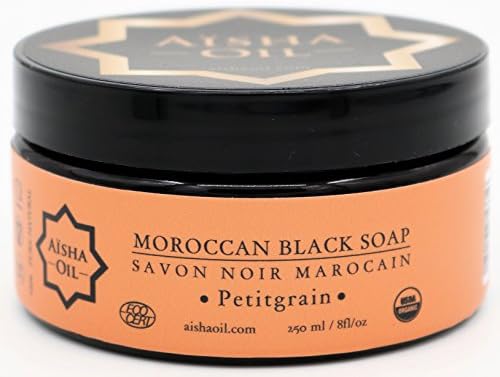Pure Organic Moroccan Black Soap Petitgrain - Aisha Oil - Exfoliating Scrub Soap (250ml - 8fl/oz, Petitgrain)