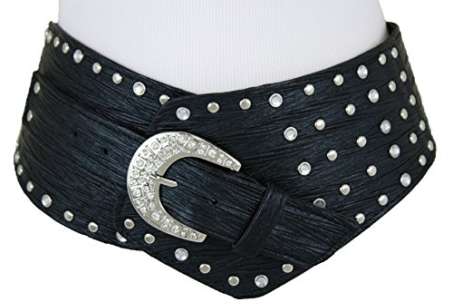 TFJ Women Wide Western Fashion Belt Hip Silver Metal Studded Buckle M L Black