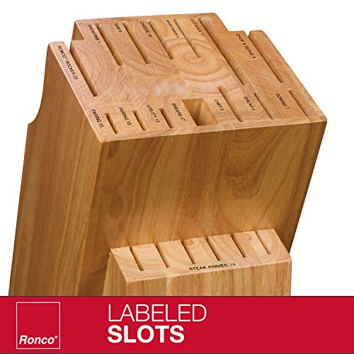 Ronco 20 Slot Knife Block, Honey Oak Hardwood with Labeled Slots, Holds Various Knives, NonSkid