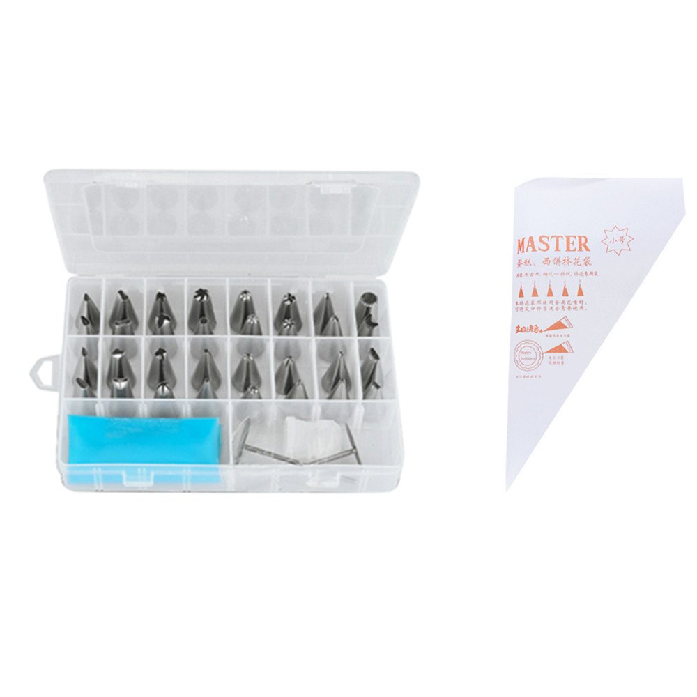 Jechery 32 Pieces Stainless Steel Cake Piping Icing Nozzles Tips Kit Set with 2 Reusable Piping Bags,2 Nozzle Converter and 2 Flower Nails, 100 Pieces One-Time Use Pastry Bag for Cookies Cake Decorating Tools
