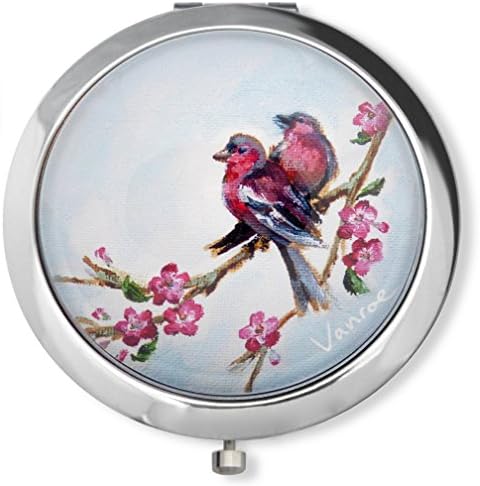 Vanroe 'Cherry Blossom &amp; Birds' Designer Compact Mirror in Gift Box - Magnified, Engravable, Anniversary &amp; birthday present
