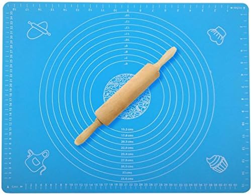 Xubox Non-Stick Pastry Mat and Rolling Pin Set, Combo Kit of 19.7" x 15.7" Large Reusable Silicone Kneading Mat Sheets with Measurements and 8.2" x 2.1" Wood Dough Roller for Rolling Dough and Baking