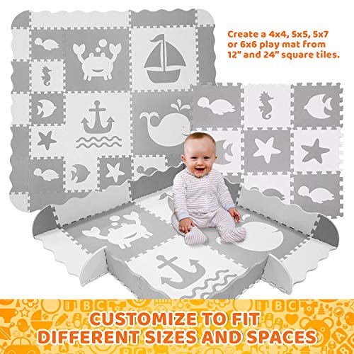 Baby Play Mat with Edges - Extra Large (6ftx6ft) Extra Thick (0.56") Interlocking Foam Tiles with Sea Creatures Patterns | Crawling Mat for Infants | Puzzle Mat for Kids (Grey and White)