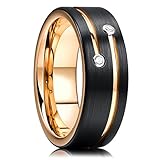 King Will GEM 8mm Mens Black Tungsten Carbide Wedding Ring Gold Plated Grooved Line Cubic Zircon Inlay