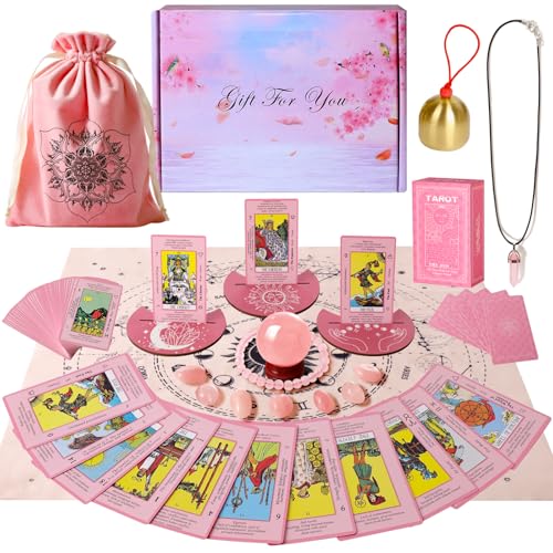 Myripoly Pink Tarot Cards Deck Set for Beginners-Classic Tarot Cards with Meanings on Them-17PC Tarot Witchcraft Kit,-Crystal Ball Divination- Fei Shui Bracelet