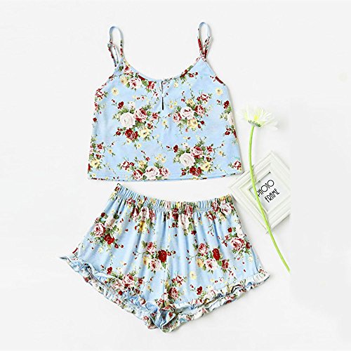 WEUIE Clearance Sale Women Sleeveless Print Crop Cami Tops Blouse+Ruffles Cord Shorts Outfit Set Suit (XL,Blue )