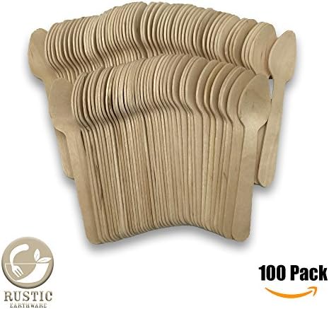 Wooden Tasting Spoons | 100 Pack | Mini Disposable &amp; Biodegradable Teaspoon Set | Bonus Party, Wedding or Sustainable Ebook