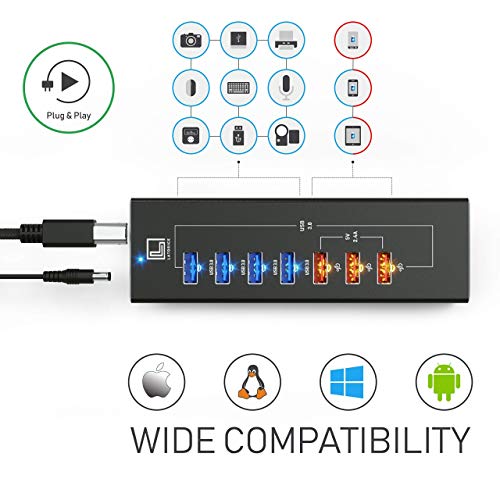 Powered USB Hub - Multi-Port USB Hub with 7 USB 3 Ports, 3 Fast Charging USB 3.0 Ports, Cords C and A, Power Adapter - by Latorice (Black)