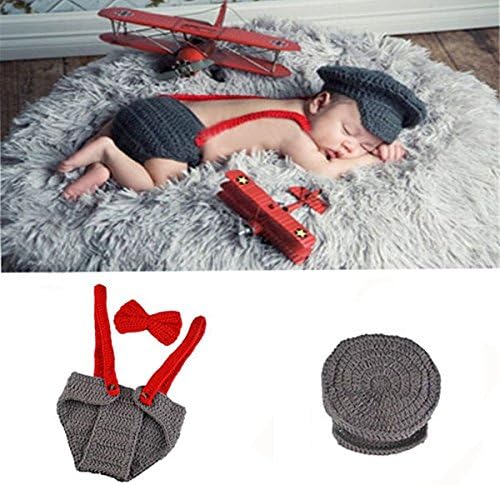 Newborn Baby Boy Costume Handmade Crochet Knitted Clothes Photo Photography Prop Cap Beanie with Suspenders Bowtie Diaper Outfits