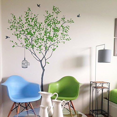 Spring Tree with Bridcage (Grey and Lime Tree Green) - Beautiful Tree Wall Decals for Kids Rooms Teen Girls Boys Wallpaper Murals Sticker Wall Stickers Nursery Decor Nursery Decals