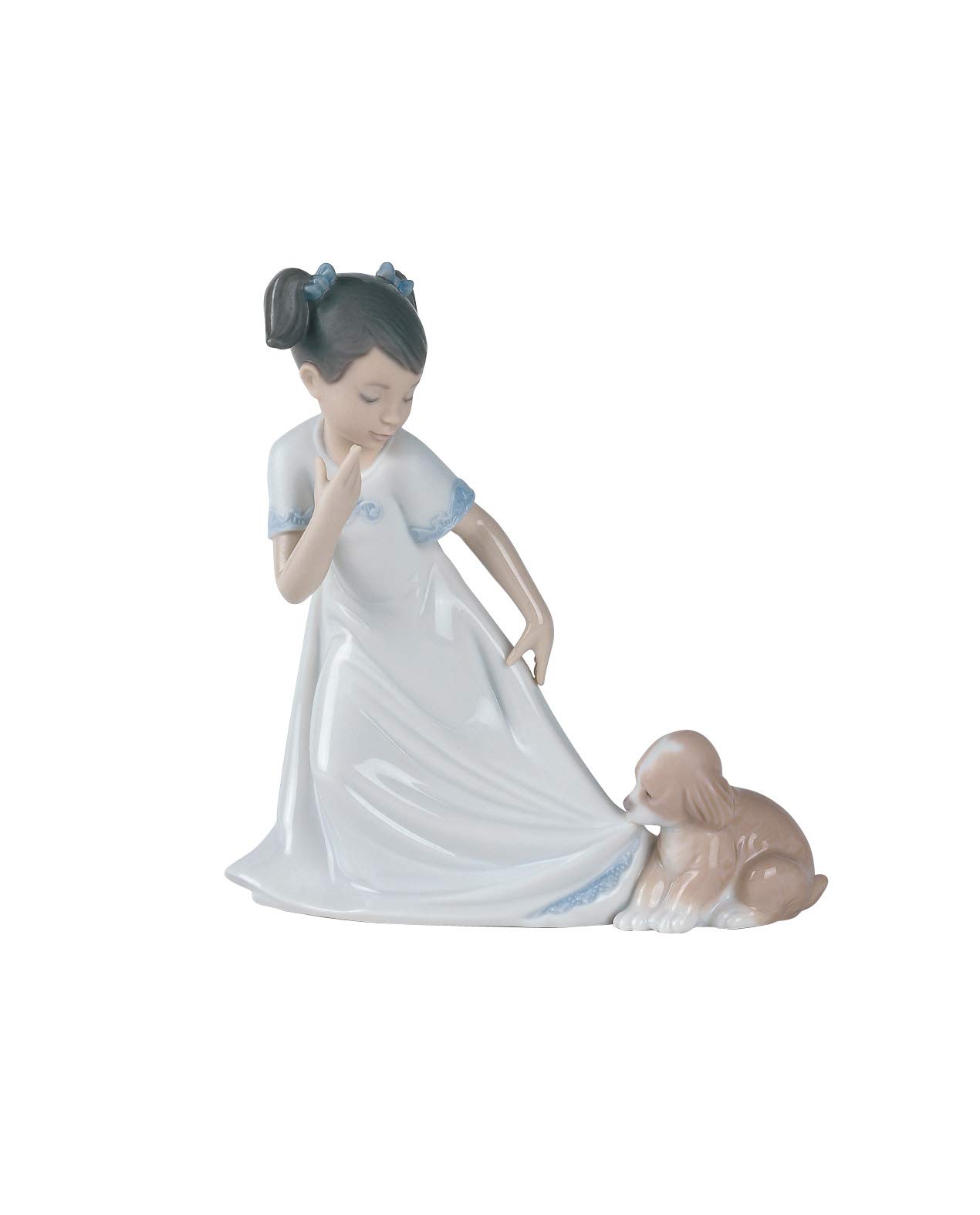 NAO Let Me Go!. Decorative Figure of Girl with Puppy in Glossy Porcelain. Ornamental Figurine of Girl Playing with Puppy in Pastel Tones for Home Decoration