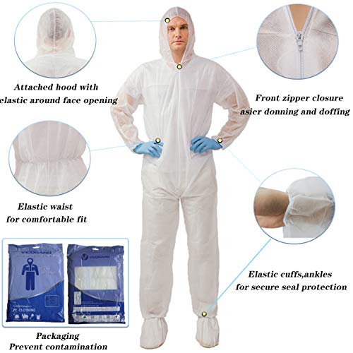 VVicogard Disposable Isolation Coveralls, Front Zipper Elastic Wrists