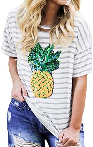 Qisc Womens Tops Women Summer Tops, Fashion Sequins Stripe Pineapple Printed Short Sleeve T-Shirt Blouse Shirt (XL, White)