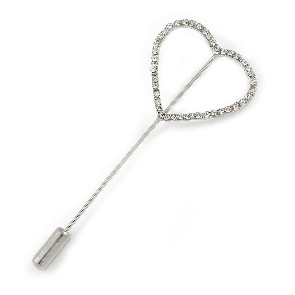 Silver Tone Clear Crystal Open Heart Lapel, Hat, Suit, Tuxedo, Collar, Scarf, Coat Stick Brooch Pin - 65mm L