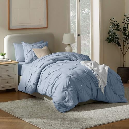 Nestl 7 Piece Twin Comforter Set – Stone Blue Pinch Pleated Bed in a Bag – Comp…