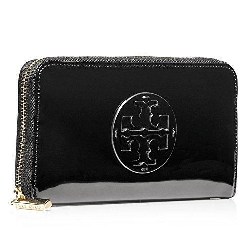 Tory Burch Stacked Patent Zip Around Continental Wallet in BLACK