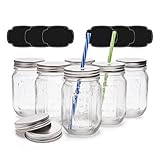 Mason Glass Jars 16oz (1 Pint) ULG Regular Mouth Lids and Band Canning Jelly Jars with Scale Set of 6 for Kitchen Canisters with Straw Holes Lids 2 Piece and Plastic Straws 2 Piece