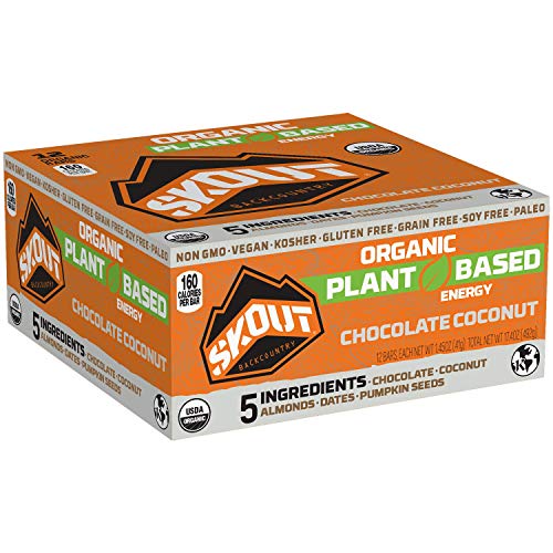 SKOUT BACKCOUNTRY Organic Energy Bars - Peruvian Chocolate Coconut - Vegan Snacks - Plant Based & Paleo Bars - Non-GMO - Gluten Free, Dairy Free, Soy Free - No Sugar Added - 1.45 oz (12 Count)