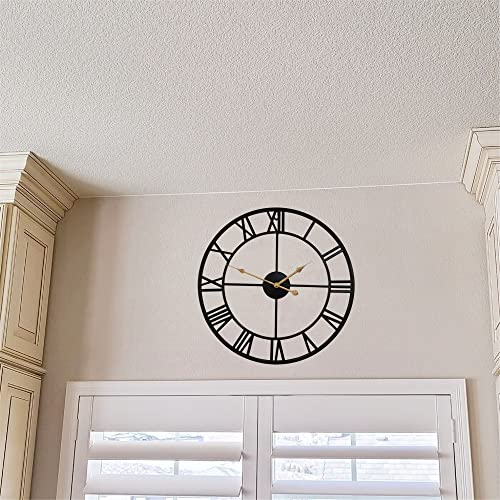 Qukueoy 16 Inch Large Metal Wall Clock Home Decorative Industrial Clocks with Big Roman Numerals,Retro Oversized Clock for Living Room Decor,Battery Operated(Black-Roman)