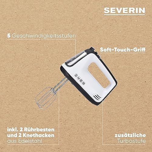 Handmixer, Handrührgerät mit 5 Geschwindigkeitsstufen, praktischer Handrührer mit 2 Edelstahl-Rührbesen und -Knethaken, 400 W, weiß-schwarz / Edelstahl, HM 3830