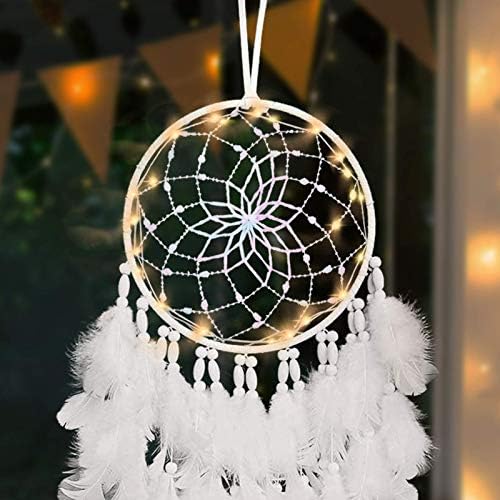 LED dream catcher with white feathers, emitting a soft glow.