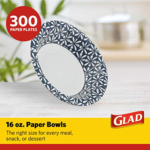 Glad Disposable Paper Bowls with Blue Mosaic Design, 16 Ounces, Soak