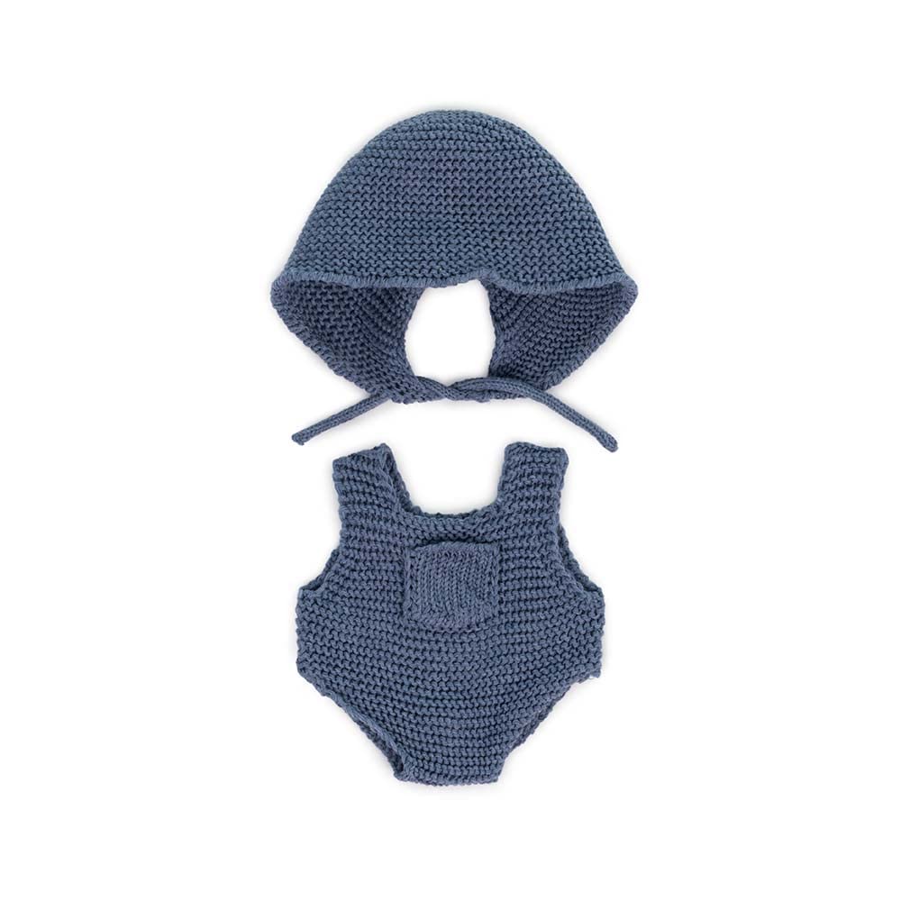 Miniland Dolls: Knitted Doll outfit 21cm - Rompers & Hood, made of recycled materials, for 21cm Baby doll. Model: Rompers & Hood in blue.