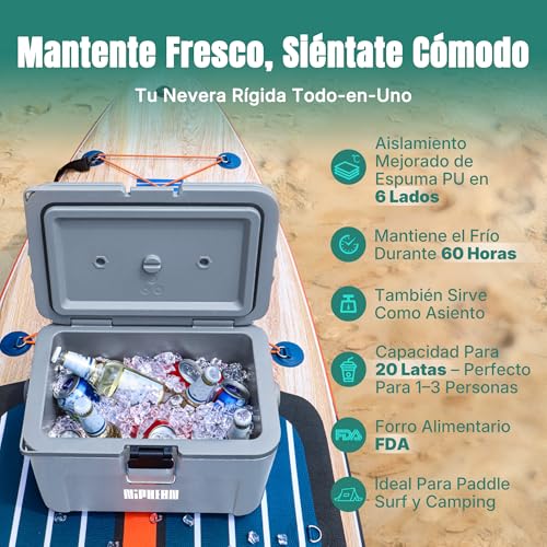 Niphean 4-Layer Insulated Paddle Board Thermal Box, 60 Hours Ice Retention, Seat Convertible to Paddle Board with D Ring, 15L Rigid Kayak Cooler for Camping