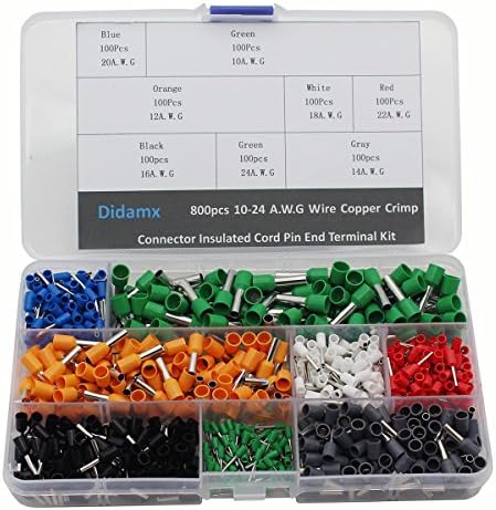 Didamx 800pcs 10-24 A.W.G Multicolour Wire Copper Crimp Connector Insulated Cord Pin End Terminal Kit