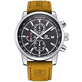 BENYAR Fashion Men's Quartz Chronograph Waterproof Watches Business Casual Sport Design Brown Leather Band Strap Wrist Watch (Silver Black)
