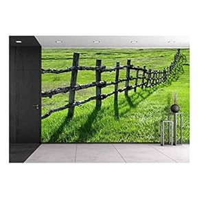 Old Wooden Fence on Green Meadow - Removable Wall Mural | Self-Adhesive Large Wallpaper - 66x96 inches