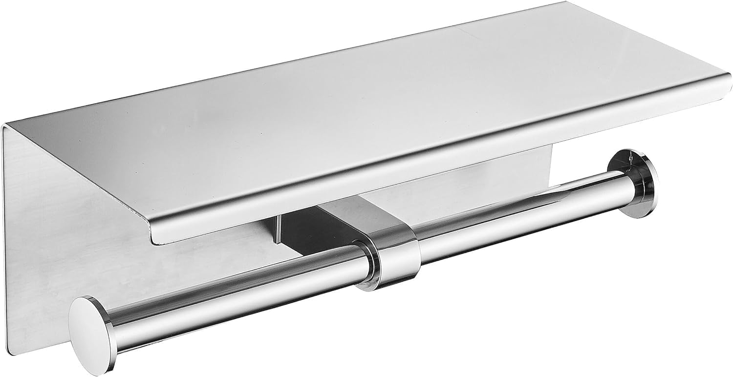 Double Toilet Paper Holder,Bathroom Tissue Holder with Shelf,SUS304 Stainless Steel Toilet Paper Roll Holder Storage Dispenser, Wall Mount Drilling Paper Rack(Silver)
