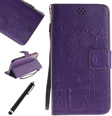 Beddouuk Huawei Y6 II/Y6 2 Leather Case, Embossing Dandelion Lover Premium Pu Leather Magnetic Flip Cover Wallet Case with Hand Wrist and Stand Card Holder for Huawei Y6 II/Y6 2-Dandelion,Purple