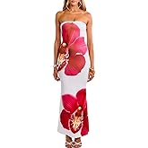Realtix Women's Summer Floral Print Strapless Bodycon Maxi Dress Sexy Tube Top Fitted Party Long Dresses Wedding Guest