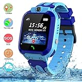 SZBXD Kids Waterproof Smart Watch, GPS Tracker Phone SOS Anti-Lost Alarm Sim Card Slot Touch Screen Voice Chat Smartwatch Birthday for Children Girls Boys (Blue)