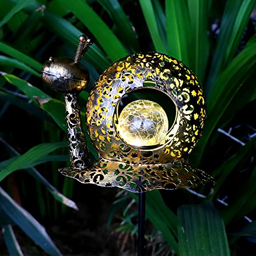 Outdoor Solar Lights Decorative Garden, Crackle Glass Globe Metal Snail LED Stake Light for Pathway, Lawn, Patio, Yard