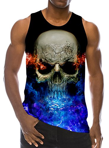 RAISEVERN 3D Fire Skull Print Funny Pattern Realistic Underwaist Gym Tank Tops for Men,Skull Fire,Medium