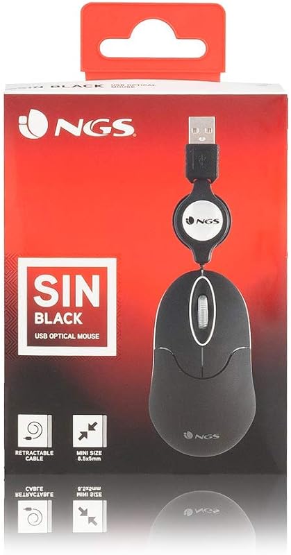 SIN BLACK - Ratón Óptico 1000dpi con Cable Retráctil USB, Ratón para Ordenador o Portátil con 2 Botones, Ambidiestro