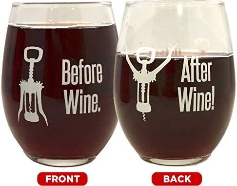 15 oz Funny Wine Glass, Stemless (1 Count) - Before Wine / After Wine - Unique and Humorous 2-Sided Design. With Gift Box for Mother's Day, Birthday, Women, Men, Wife, Mom, Girlfriend, Wine Lovers!