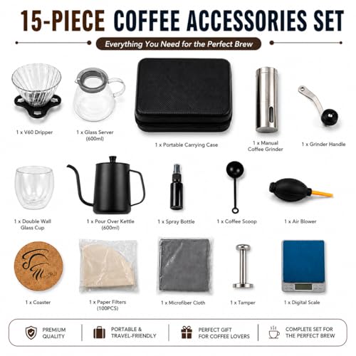 Toshionics V60 Coffee kit Drip Coffee Maker 15 Pcs - Manual Coffee Dripper Pour Over Coffee Set With Portable Bag, Hand Grinder, Gooseneck Kettle, Scale, Double Wall Cup Premium Barista Brewing Set